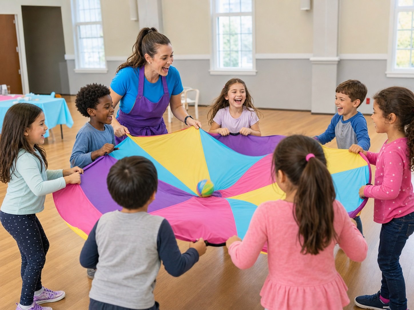 Children enjoying parachute games in the Silver Package